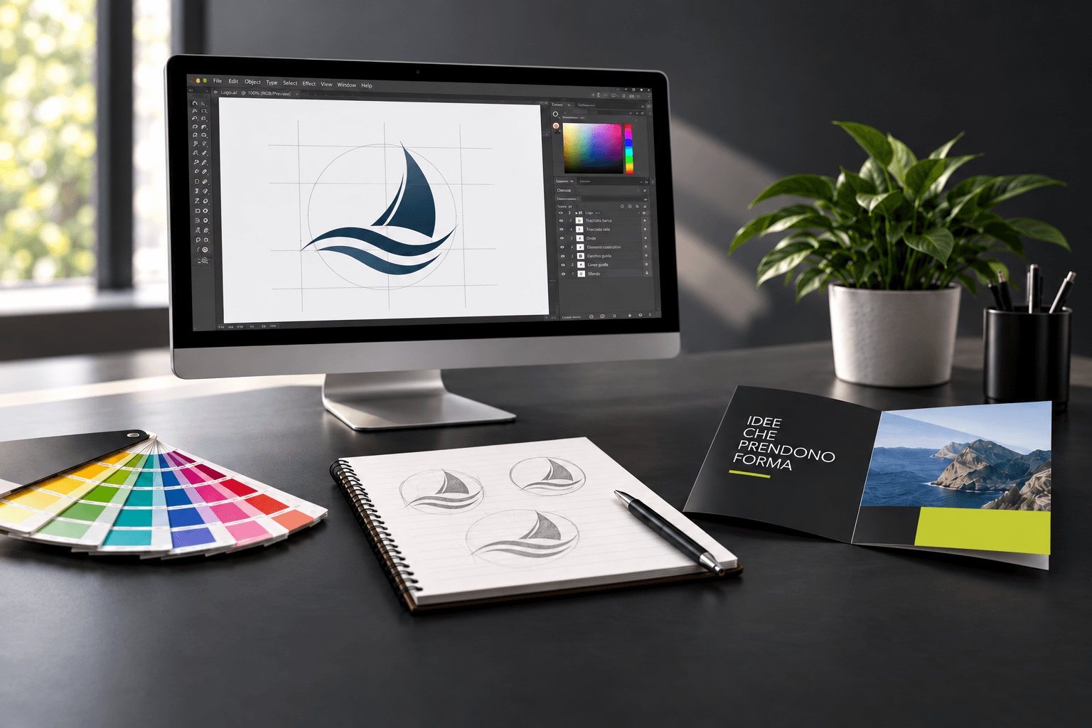 Progettazione di un logo, bozzetti e impaginazione di una brochure su una scrivania grafica